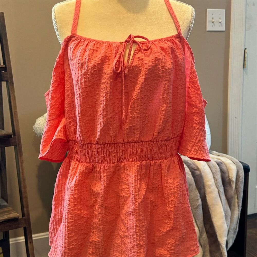 Lane Bryant Orange Textured Two-Piece Cold-Shoulder Shirt Size 14 Women's